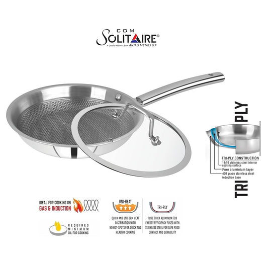 CDM Solitaire Triply Prizm Honey Comb 26cm Fry Pan With Glass Lid