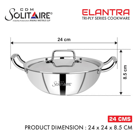 CDM Solitaire Elantra Triply Stainless Steel Kadhai 24cm with SS Lid  (Triply, Induction Bottom)