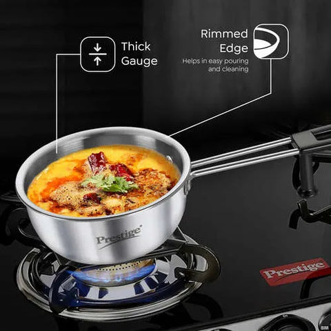 Prestige 11cm/300ml Tri-Ply Stainless Steel Splendor Tadka Pan| Gas & Induction Compatible| Rimmed Edge| In-Built Stand| Heat Resistance Handle| Thick Gauge| Life Time Warranty