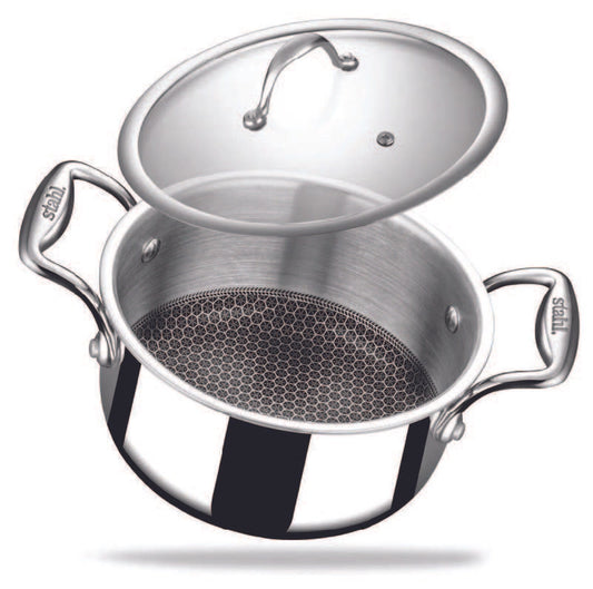 Stahl Artisan Hybrid Casserole With Glass Lid | Metal Spatula Friendly, Induction & Gas Stove Compatible.