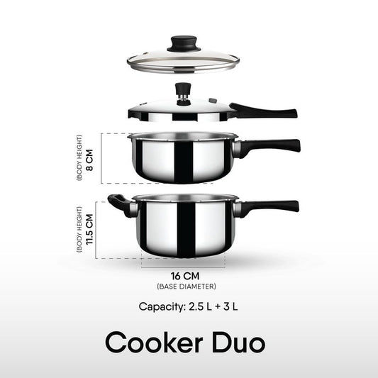 Stahl Xpress Triply Pressure Cooker Combo 2.5 Liters Broad & 3 Liters Tall | Stainless Steel Outer Lid Induction and Gas Stove Compatible | 5 Years Warranty