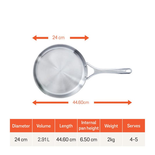 Meyer Select Stainless Steel Sautepan | Fry pan with Lid | Saute pan with Triply Base | Gas and Induction Suitable, 2.8 Liters/24cm (Induction & Gas Compatible)