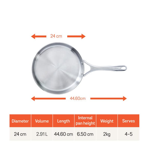 Meyer Select Stainless Steel Sautepan | Fry pan with Lid | Saute pan with Triply Base | Gas and Induction Suitable, 2.8 Liters/24cm (Induction & Gas Compatible)