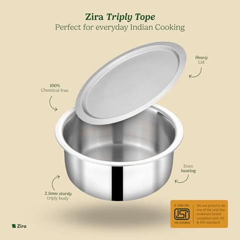 Zira 20 cm Triply Stainless Steel Tope/Patila with Lid – 2.95 L