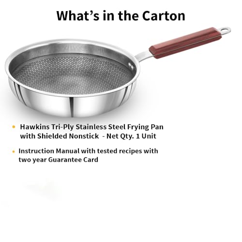 Hawkins 22 cm Frying Pan, Triply Stainless Steel Shielded Nonstick Fry Pan with Rosewood Handle, Honeycomb, Non Stick, Induction, Silver (NSF22)