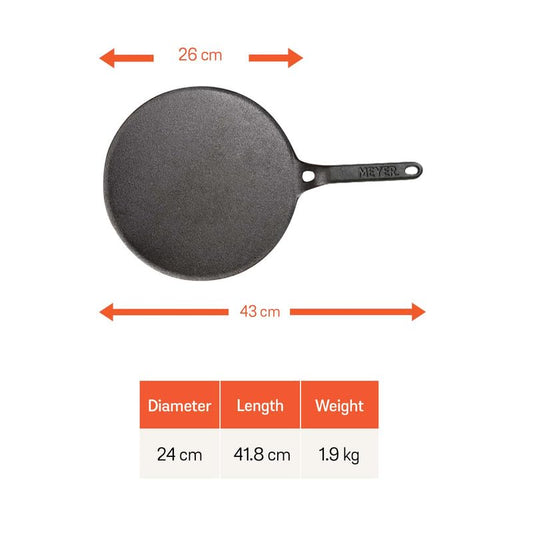 Meyer Pre-Seasoned Cast Iron Roti/Chapati/Dosa Tawa Pan with Stick Handle, Dosa Kallu, Iron Tawa Big Size | Pre-Seasoned Cast Iron Cookware | Gas Stovetop Compatible | 26cm, Black
