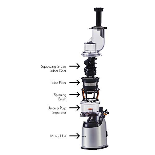 Borosil Health Pro 200W Cold Press Slow Juicer | 600ml Pulp Collector with 600ml Juice Container with Feeder Tube Tray | Whole Fruit & Vegetables Juice Extractor | Low Noise | Overheat Protection
