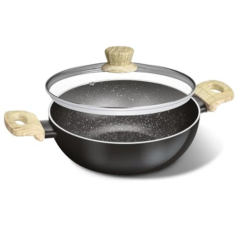 Bergner Bellini Aura NonStick 20 cm Rivetless Kadai, Glass Lid, For Low Oil Stir-Fry/Curry, Wood-Textured Bakelite Handles, 5-Layer Coating, Enhanced Hygiene & Durability, Induction & Gas ready, 1-Year Warranty