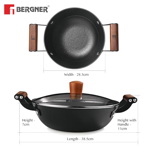 Bergner Odin 28 cm Cast Iron Kadai/Kadhai with Glass Lid, 3.3 L Capacity, For Deep-Fry/Stir-Fry/Curry/Roast/Grill/Serving, Lightweight and Rust Proof Iron, Enamel Finish, Induction and Gas Stove Ready