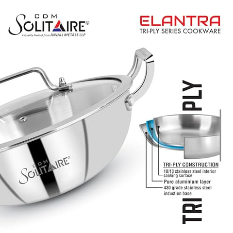 CDM Solitaire Trio Set Triply Stainless Steel 3Pcs Induction Cookware Set, Tea Pan 14cm, Frypan 22cm, Kadai with Lid 22cm, Even & Fast, Induction & Gas Ready, 5 Yrs Warranty by Manufacturer