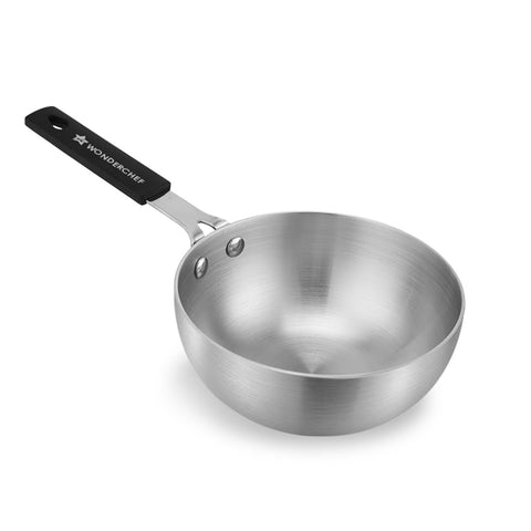 Wonderchef Venice Tri-ply Stainless-Steel Mini Wok Tadka Pan | 650 ml, 14 cm | Cool-Touch Silicone Handle | Warp-Resistant, 100% Food-Grade Material | Compatible with All Cooktops | 1-Year Warranty