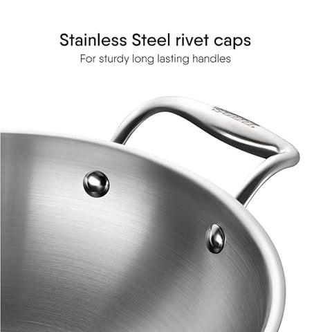 Stahl Artisan Triply Stainless Steel Round Bottom Kadhai with Lid, Extra deep kadai, Stainless Steel Cookware Tri Ply Kadhai, 1.8 L, 20 cm