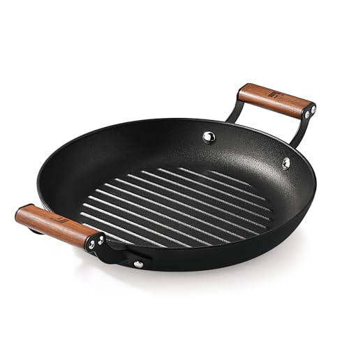 BERGNER Odin 28 cm Cast Iron Grill Plate, Round Grilled Plate with Wooden Coated Handle, for Barbeque/Tikka/Kebab/Skewer/Sandwich/Babeque/Grilled Wrap, Rust Proof, Induction and Gas Stove Ready