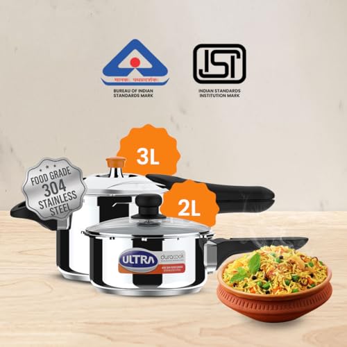 Ultra Duracook Mini Celebrations pack of 2L & 3L Pressure cooker,Gifting,SS304 FoodGrade,Interchangeable Lids,Frothcollector,Induction,3 Layer Composite Base,solid Bakelite handles,ISI,10Y Warranty