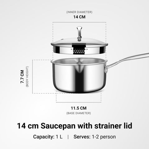 Stahl Artisan Triply Stainless Steel Saucepan with Dual Strainer Glass Lid | Easy Pour | Gas & Induction Friendly (14cm/1L)