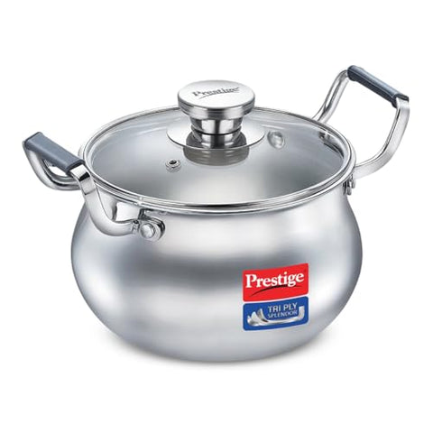Prestige Tri-Ply Splendor Handi | 20cm / 4.3L | with Glass Lid | Durable Stainless Steel | Silver
