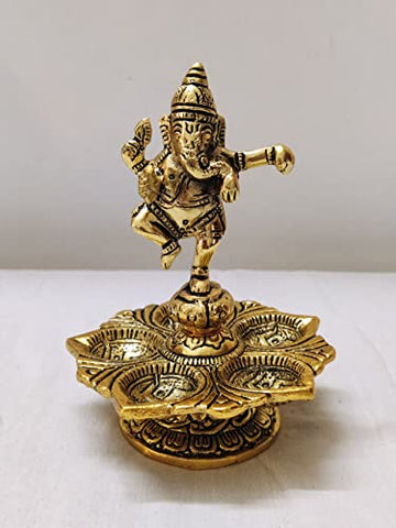 Puja Celebrations Dancing Ganesha Diya Over Ethnic Legs Five Oil Wick Diya Panch Mukhi Deepam(Gold Plated)