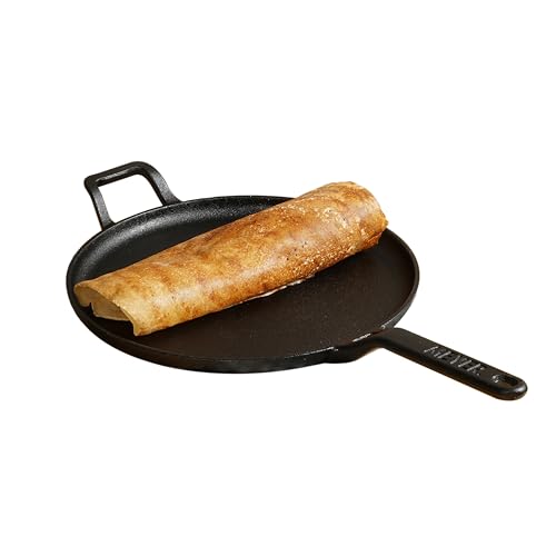 Meyer Pre-Seasoned Cast Iron Flat Dosa, Roti, Chapati Tawa Pan with Stick Handle, Dosa Kallu, Iron Tawa Big Size | Pre-Seasoned Iron Cookware | 28cm, Black