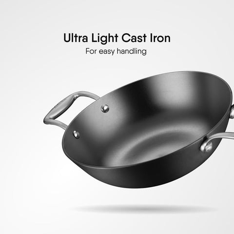 Stahl Blacksmith Plus Cast Iron Kadhai, Light Weight Iron Kadai, Nitrided Kadai for Cooking, Induction & Gas Stove Compatible, 1.3 L, 20 cm