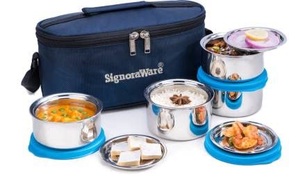 Signoraware Double Decker Twin Wall Steel Lunch Box, Set of 4, 350ml+350ml+260ml+260ml,, 4 Steel Cover Plates, Blue 4 Containers Lunch Box (1220 ml)