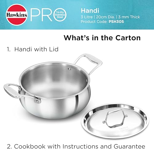 Hawkins 3L Pro Triply Stainless Steel Handi with Steel Handles and Steel Lid, Silver (PSH30S)