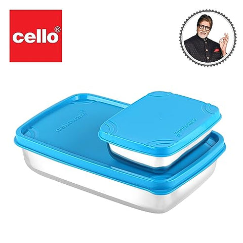 Cello Max Steel Lunch Box, 2 Pcs, Blue | Stainless Steel Lunch Box with Inner Veg Box | Tiffin Box with Air-Tight Lid | Ideal for Office and School for Healthy Meal Storage, Small