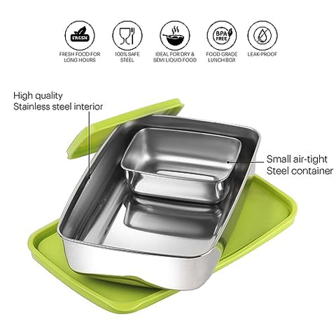 CELLO Max Steel Lunch Box, 2 Units, Green | Stainless Steel Lunch Box with Inner Veg Box | Tiffin Box with Air-Tight Lid | Ideal for Office and School for Healthy Meal Storage, Big