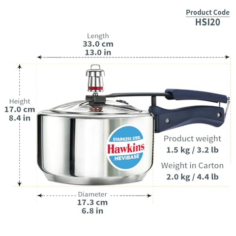 Hawkins 2 Litre Stainless Steel Hevibase Pressure Cooker, Impact Bonded Base, Inner Lid Cooker, Silver (HSI20)