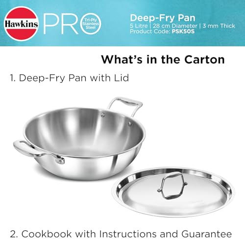 Hawkins Pro 5 Litre Deep-Fry Pan, Triply Stainless Steel Kadhai with Stainless Steel Handles and Stainless Steel Lid, Silver (PSK50S)