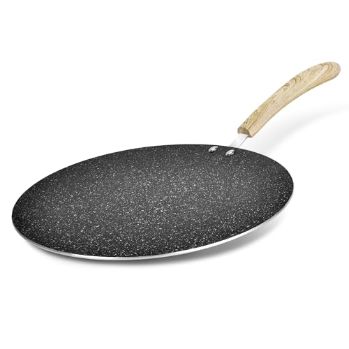 Bergner Bellini Plus Aura 5-Layer Non-Stick 28 cm Flat Tawa, Tava with Soft Touch Wooden Finish Handle, Food Safe, PFOA Free, 4mm Thickness, Easy To Clean, Induction Bottom, 1-Year Warranty, Black