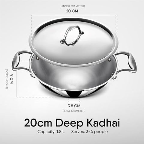 Stahl Artisan Triply Stainless Steel Round Bottom Kadhai with Lid, Extra deep kadai, Stainless Steel Cookware Tri Ply Kadhai, 1.8 L, 20 cm