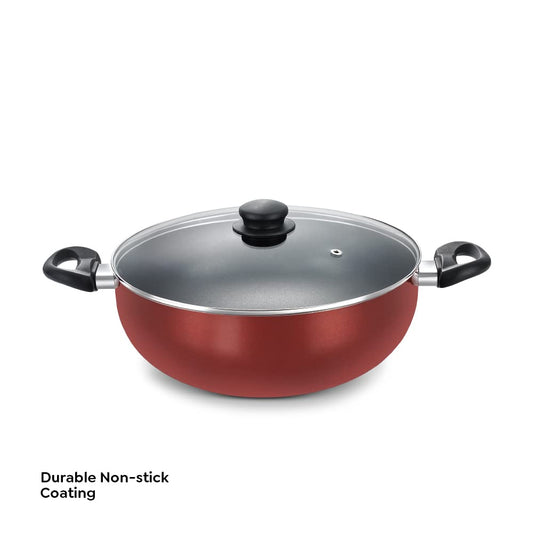 Prestige OMG DLX Induction Base Non-Stick Aluminium Deep Kadhai, 30cm, Red