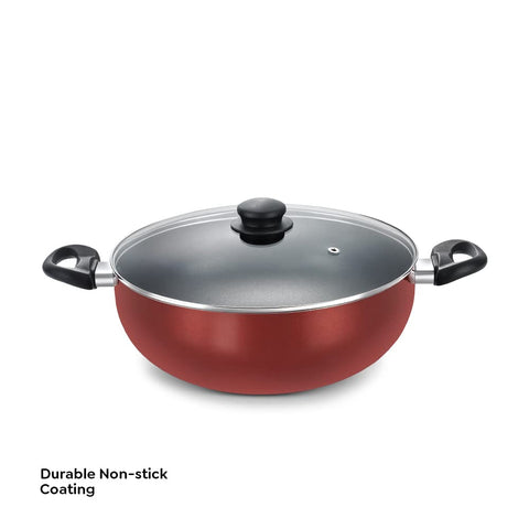 Prestige OMG DLX Induction Base Non-Stick Aluminium Deep Kadhai, 30cm, Red