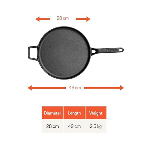 Meyer Pre-Seasoned Cast Iron Flat Dosa, Roti, Chapati Tawa Pan with Stick Handle, Dosa Kallu, Iron Tawa Big Size | Pre-Seasoned Iron Cookware | 28cm, Black