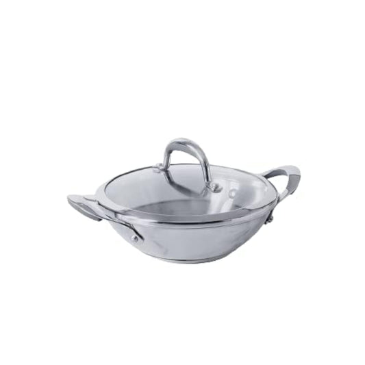 Meyer Select Nickel Free Stainless Steel Kadai with Glass Lid | Steel Kadhai with Triply Base for Deep Frying | Gas and Induction Compatible, 22cm/ 1.91 Liters, Silver