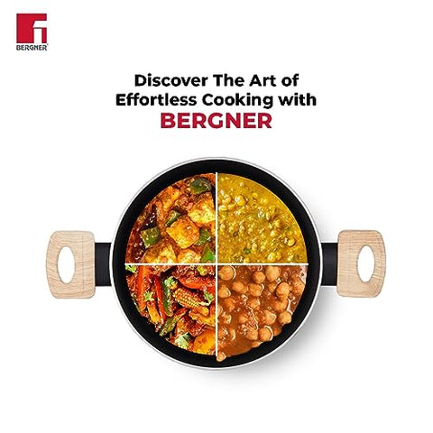 Bergner Bellini Aura NonStick 20 cm Rivetless Kadai, Glass Lid, For Low Oil Stir-Fry/Curry, Wood-Textured Bakelite Handles, 5-Layer Coating, Enhanced Hygiene & Durability, Induction & Gas ready, 1-Year Warranty