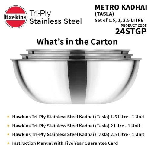 Hawkins Kitchen Gift Pack 2024, Set of 1.5 Litre, 2 Litre and 2.5 Litre Triply Stainless Steel Metro Kadhai, Tasla, Kadai, Silver (24STGP)