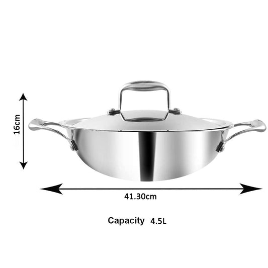 Vinod Platinum Triply Stainless Steel Kadai with Lid -30 cm | Even Heating No Hotspot, Less Oil Healthy Cooking, Heavy Bottom Induction Cookware Kadhai for Cooking & Frying
