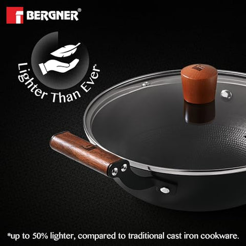 Bergner Odin 28 cm Cast Iron Kadai/Kadhai with Glass Lid, 3.3 L Capacity, For Deep-Fry/Stir-Fry/Curry/Roast/Grill/Serving, Lightweight and Rust Proof Iron, Enamel Finish, Induction and Gas Stove Ready