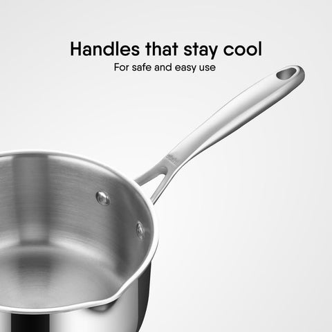 Stahl Artisan Triply Stainless Steel Saucepan with Dual Strainer Glass Lid | Easy Pour | Gas & Induction Friendly (16cm/1.5L)