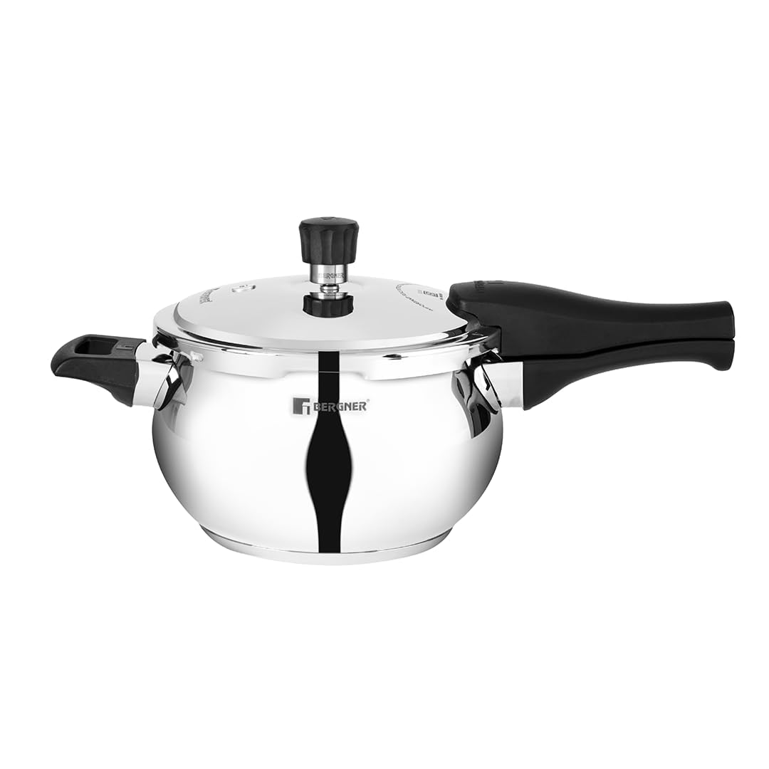 Bergner Pura Stainless Steel 1.5 L Belly Shape Pressure Cooker, Outer Lid Cooker, Triply Bottom, For Healthy Cooking, Mirror Finish, Easy To Clean, Induction Base & Gas Ready, Silver, 5-Year Warranty