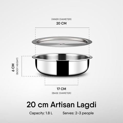 Stahl Artisan Lagdi | 20 cm | 1.8L | Triply Stainless Steel Casserole | Induction & Gas Compatible | With Lid