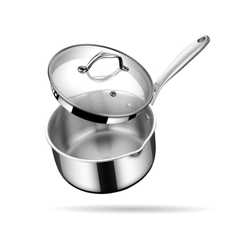 Stahl Artisan Triply Stainless Steel Saucepan with Dual Strainer Glass Lid | Easy Pour | Gas & Induction Friendly (16cm/1.5L)