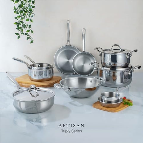 Stahl Artisan Triply Stainless Steel Round Bottom Kadhai with Lid, Extra deep kadai, Stainless Steel Cookware Tri Ply Kadhai, 1.8 L, 20 cm