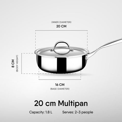 Stahl Artisan Triply Stainless Steel SautePan with Lid, Induction pan, Saute Fry Pan, Multipan,Stir Fry pan,1.8 L, 20 cm