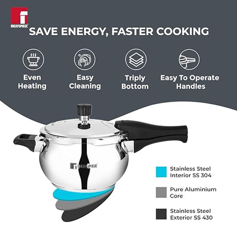 Bergner Pura Stainless Steel Pressure Cooker with Outer Lid, 2.5 Liters, Belly Shape/Handi Cooker, Triply Bottom, Induction Base, Silver, Gas Ready