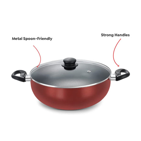 Prestige OMG DLX Induction Base Non-Stick Aluminium Deep Kadhai, 30cm, Red