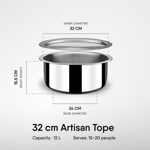 Stahl Triply Stainless Steel Tope with Lid I Stainless Steel Patila I Induction Base Tri Ply Tope 12 Litre I Artisan 4532, Dia 32 cm