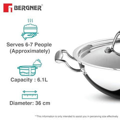 BERGNER Argent Triply 36cm Kadai with Stainless Steel Lid, Large Kadhai, Even and Faster Heating, Consumes Less Oil, Healthy Cooking, Stay Cool Cast Handles - Induction and Gas Stove Ready