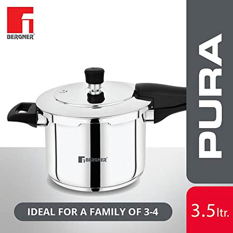 Bergner Pura Stainless Steel 3.5 L Pressure Cooker, Outer Lid Cooker, Triply Bottom, For Healthy Cooking, Mirror Finish, Easy To Clean, Induction Base & Gas Ready, Silver